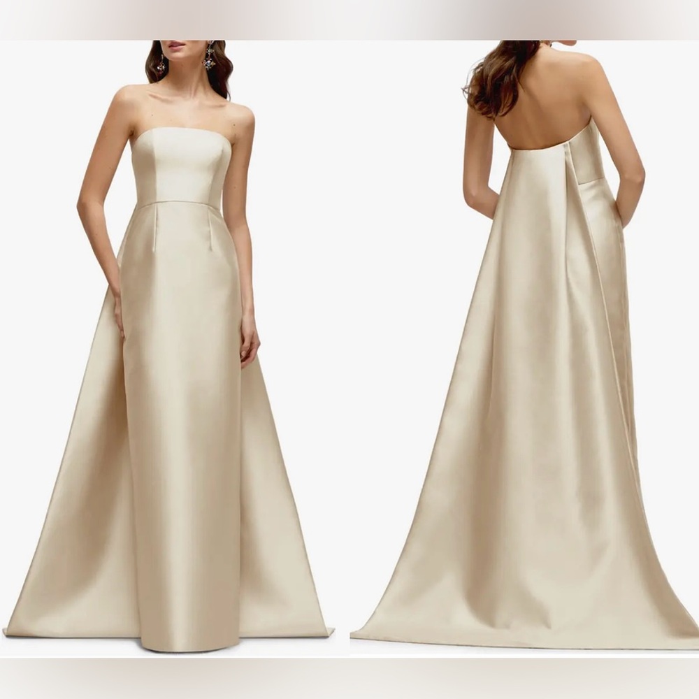 ALFRED SUNG Strapless Satin Maxi Gown in Champagne